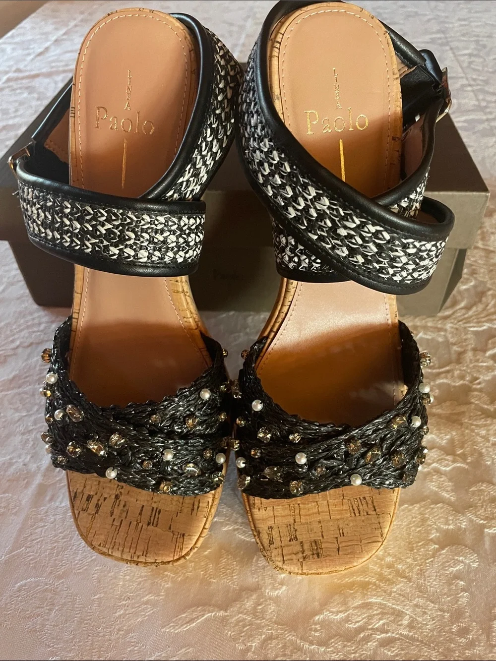 Paolo Black & Cork Beaded Pearl Wedge Sandals